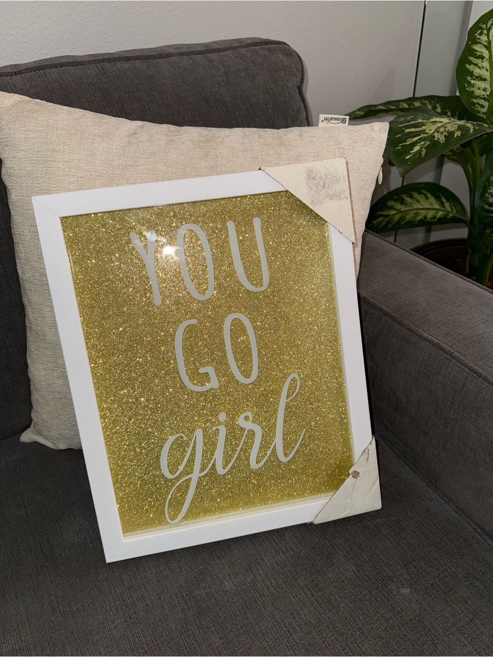 Gold Glitter White Shadow Box Frame with “You Go Girl” motivational wall decor
